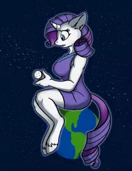 Size: 700x906 | Tagged: anthro, artist:foxenawolf, breasts, busty rarity, comic:worldly rarity, derpibooru import, earth, female, giantess, growth, macro, mega rarity, moon, part of a set, planet, pony bigger than a planet, rarity, safe, solo, tangible heavenly object, unguligrade anthro