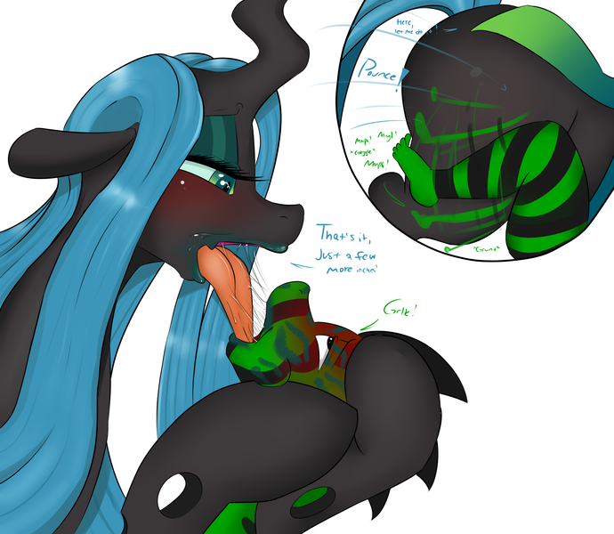 Size: 2300x2000 | Tagged: questionable, artist:digitaldomain123, derpibooru import, queen chrysalis, oc, oc:cameron, anthro, plantigrade anthro, anthro oc, anthro on pony action, canon x oc, commission, deepthroat, dialogue, digital art, drool, french kiss, interspecies, kiss mark, kissing, lipstick, lipstick fetish, non-mlp oc, oral, sex, shipping, squirming, tongue out