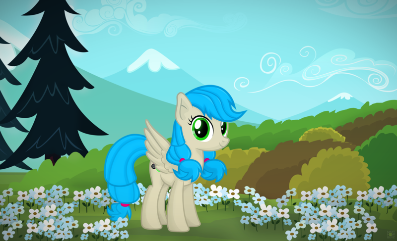 Size: 2560x1558 | Tagged: safe, artist:matthewboyz, derpibooru import, oc, oc:kattybay, unofficial characters only, pegasus, pony, bush, commission, digital art, mountain, solo, spring, vector