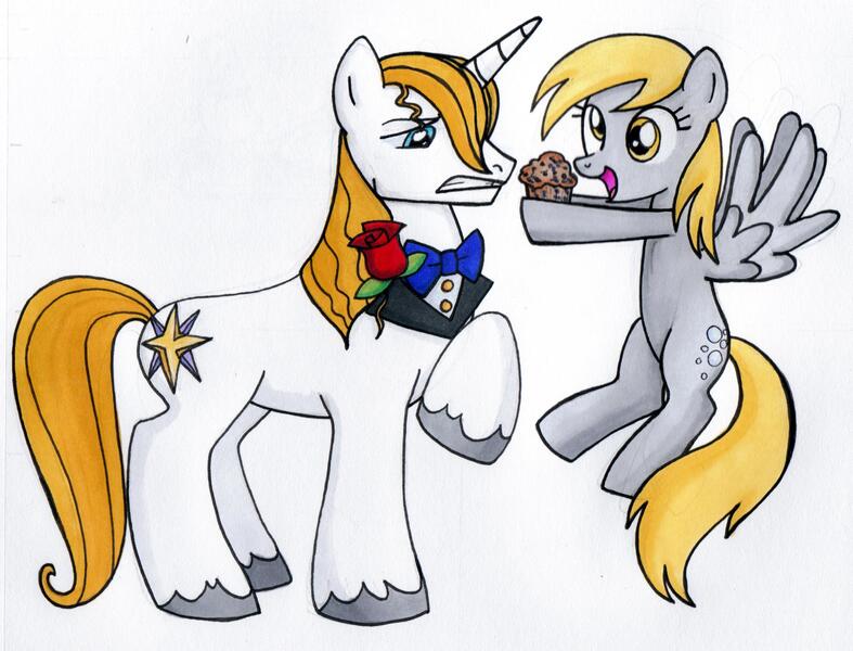 Size: 2271x1732 | Tagged: safe, artist:thedarklordkeisha, derpibooru import, derpy hooves, prince blueblood, pegasus, pony, unicorn, derpblood, female, food, male, mare, muffin, prince blueblood gets all the mares, shipping, straight