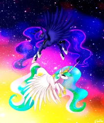 Size: 2348x2756 | Tagged: safe, artist:minelvi, derpibooru import, princess celestia, princess luna, flying, royal sisters, stars