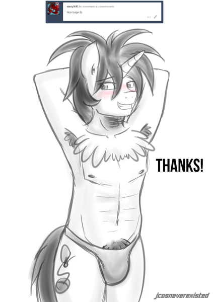 Size: 1280x1816 | Tagged: anthro, arm behind head, armpit hair, armpits, artist:jcosneverexisted, blushing, chest fluff, clothes, crotch bulge, derpibooru import, male, oc, oc:creative flair, panties, partial nudity, pubic hair, questionable, solo, solo male, topless, underwear, unofficial characters only