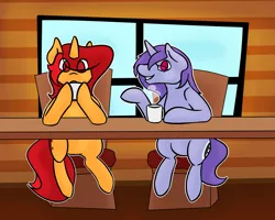 Size: 3097x2481 | Tagged: safe, artist:sile-animus, derpibooru import, oc, oc:midnight groove, oc:sile, unofficial characters only, pony, unicorn, chair, coffee, coffee shop, grin, hoof hold, mug, pointing, sitting, smiling