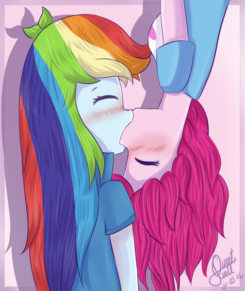 Size: 1000x1188 | Tagged: safe, artist:rmariansj, derpibooru import, pinkie pie, rainbow dash, equestria girls, blushing, clothes, eyes closed, female, kissing, lesbian, pinkiedash, shipping, signature, upside down