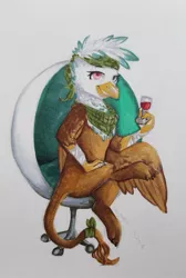 Size: 669x993 | Tagged: safe, artist:segraece, derpibooru import, oc, oc:charlene, unofficial characters only, gryphon, alcohol, glass, heterochromia, sitting, solo, traditional art, wine