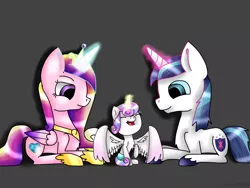 Size: 1600x1200 | Tagged: safe, artist:pirateenderfox, derpibooru import, princess cadance, princess flurry heart, shining armor, alicorn, pony, unicorn, glowing horn, magic, open mouth, prone, simple background