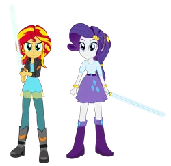 Size: 2730x2649 | Tagged: safe, artist:amante56, derpibooru import, rarity, sunset shimmer, equestria girls, 20th century fox, boots, bracelet, clothes, crossover, disney, duo, jedi, leather jacket, lightsaber, looking at you, lucasfilm, skirt, star wars