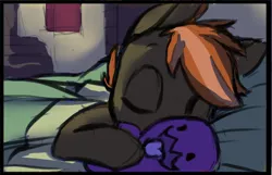 Size: 1074x691 | Tagged: artist:starshinebeast, bed, button mash, carbot, colt, derpibooru import, plushie, safe, sleeping, starcraft, zergling