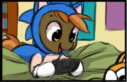 Size: 1075x695 | Tagged: source needed, useless source url, safe, artist:starshinebeast, derpibooru import, button mash, earth pony, fox, pony, atari lynx, buttonbetes, clothes, colt, cosplay, costume, crossover, cute, foal, gaming, happy, male, miles "tails" prower, onesie, plushie, solo, sonic onesie, sonic the hedgehog, sonic the hedgehog (series), tails plushie