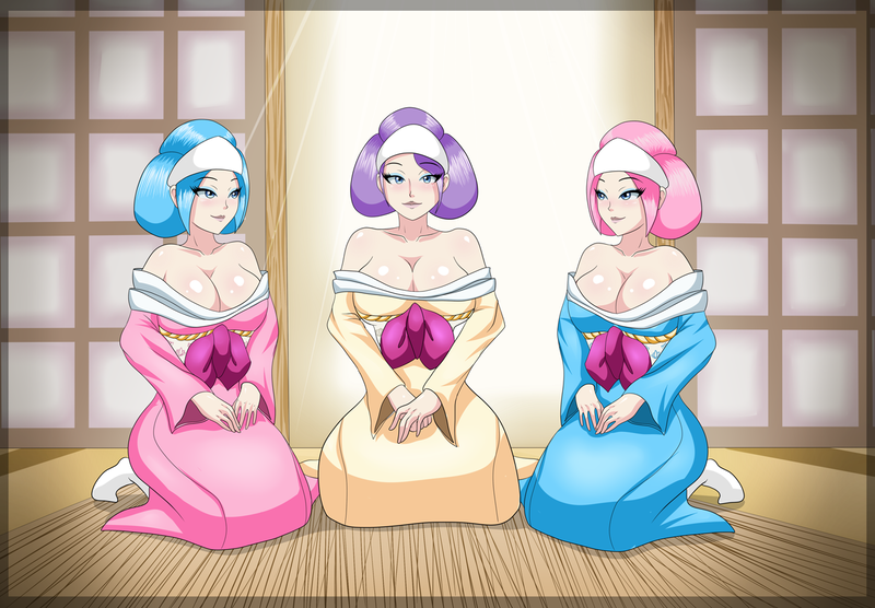 Size: 1296x900 | Tagged: aloe, alternate hairstyle, artist:thebrokencog, big breasts, breasts, busty aloe, busty lotus blossom, busty vera, cleavage, clothes, derpibooru import, female, human, humanized, kimono (clothing), kneeling, looking at you, lotus blossom, questionable, socks, spa twins, trio, vera