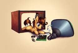 Size: 1078x728 | Tagged: safe, artist:asimos, derpibooru import, oc, oc:maytee, unofficial characters only, earth pony, pony, crt monitor, fixing, lying down, pcb, prone, simple background, soldering, soldering iron, solo, sploot, television, tongue out