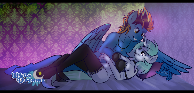 Size: 4262x2042 | Tagged: suggestive, artist:xwhitedreamsx, derpibooru import, oc, oc:blues, oc:dancing swirl, unofficial characters only, anthro, pegasus, unguligrade anthro, unicorn, anthro oc, bed, belly button, black underwear, blueswirl, bottomless, bra, breasts, clothes, couple, female, frilly underwear, lingerie, male, on back, on bed, panties, panties around leg, stockings, straight, thigh highs, underwear