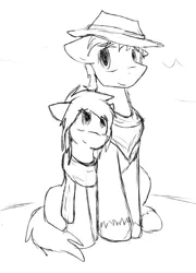 Size: 1660x2310 | Tagged: safe, artist:candel, derpibooru import, oc, oc:candlelight, oc:wanderheart, unofficial characters only, pony, clothes, cowboy hat, cute, gay, hat, male, monochrome, neckerchief, scarf, shipping, sketch, smiling