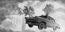 Size: 3000x1500 | Tagged: artist:v747, balloon, car, cloud, derpibooru import, eyes closed, grayscale, grin, monochrome, mouth hold, paintbrush, pinkie pie, safe, smiling, solo