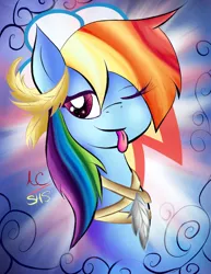 Size: 1024x1325 | Tagged: safe, artist:animechristy, derpibooru import, rainbow dash, feather, solo, tongue out, wink