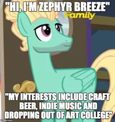 Size: 500x533 | Tagged: caption, derpibooru import, discovery family logo, edit, edited screencap, flutter brutter, hipster, image macro, man bun, meme, safe, screencap, zephyr breeze