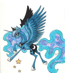 Size: 1024x1146 | Tagged: artist:penkatshi, derpibooru import, galloping, princess luna, safe, solo, spread wings, traditional art