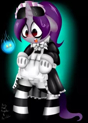 Size: 2500x3500 | Tagged: safe, artist:fullmetalpikmin, artist:paulpeopless, derpibooru import, oc, oc:rosey ring, unofficial characters only, pony, bipedal, blushing, clothes, creepy crawlers, cute, maid, socks, solo, striped socks, sweatdrop, thigh highs