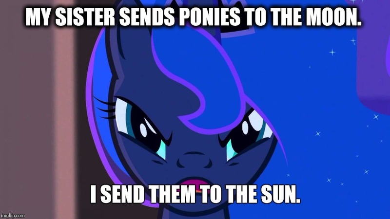 Size: 888x499 | Tagged: caption, derpibooru import, edit, edited screencap, image macro, lies, meme, princess luna, screencap, semi-grimdark, solo, to the sun