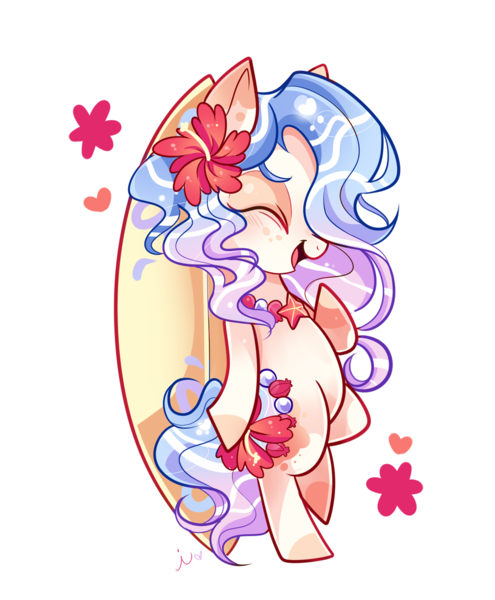 Size: 1000x1212 | Tagged: safe, artist:ipun, derpibooru import, oc, oc:kala, unofficial characters only, original species, pond pony, pony, bipedal, blushing, eyes closed, female, flower, flower in hair, heart, mare, simple background, smiling, solo, surfboard, transparent background