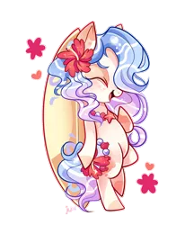 Size: 1000x1212 | Tagged: safe, artist:ipun, derpibooru import, oc, oc:kala, unofficial characters only, original species, pond pony, pony, bipedal, blushing, eyes closed, female, flower, flower in hair, heart, mare, simple background, smiling, solo, surfboard, transparent background