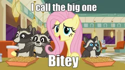 Size: 1280x720 | Tagged: caption, derpibooru import, edit, edited screencap, fluttershy, food, french fries, hay fries, image macro, marge vs the monorail, meme, mr. waddle, parody, quote, raccoon, safe, screencap, smoky, smoky jr., softpad, the saddle row review, the simpsons