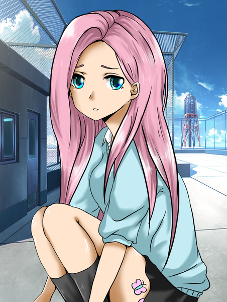 Size: 980x1300 | Tagged: artist:naruko16-33, clothes, derpibooru import, fluttershy, human, humanized, legs, safe, shirt, skirt, skirt lift, socks, solo, sweater, sweatershy