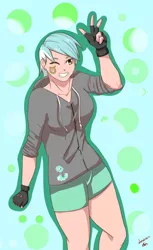 Size: 1500x2457 | Tagged: abstract background, alternative cutie mark placement, artist:naruko16-33, clothes, derpibooru import, facial cutie mark, fingerless gloves, gloves, grin, hoodie, human, humanized, lyra heartstrings, peace sign, safe, shorts, smiling, solo