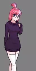 Size: 1632x3176 | Tagged: artist:scorpdk, breasts, busty moondancer, clothes, derpibooru import, female, glasses, human, humanized, looking at you, moondancer, safe, simple background, socks, solo, sweater, sweater dress, thigh highs