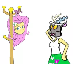 Size: 515x453 | Tagged: safe, artist:notamotobug, derpibooru import, edit, discord, fluttershy, draconequus, human, equestria girls, breasts, clothes, coat rack, detachable head, disembodied head, female, hanging, head swap, knot, magic, modular, rule 63, simple background, sketch, skirt, square crossover, tanktop, wat, white background