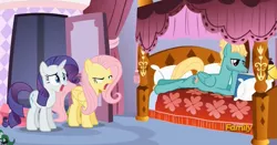 Size: 2421x1265 | Tagged: safe, derpibooru import, screencap, fluttershy, rarity, zephyr breeze, pony, flutter brutter, beard, bed, book, derp, discovery family logo, facial hair, faic, man-bun, pillow, reading, shocked, stubble, sultry pose