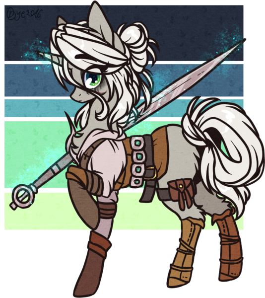 Size: 761x855 | Tagged: safe, artist:tenebristayga, derpibooru import, ponified, pony, unicorn, ciri, clothes, crossover, female, mare, simple background, solo, sword, the witcher, transparent background, weapon