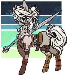 Size: 761x855 | Tagged: safe, artist:tenebristayga, derpibooru import, ponified, pony, unicorn, ciri, clothes, crossover, female, mare, simple background, solo, sword, the witcher, transparent background, weapon