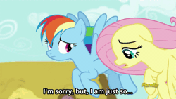 Size: 500x281 | Tagged: safe, derpibooru import, screencap, dinky hooves, fluttershy, millie, rainbow dash, pony, flutter brutter, animated, discovery family logo, euphemism, family friendly foul mouth, flutterpeeved, flying, peeved, subtitles, swearyshy