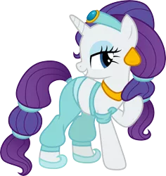 Size: 2341x2485 | Tagged: safe, artist:cloudyglow, derpibooru import, rarity, pony, unicorn, aladdin, belly button, belly dancer, clothes, clothes swap, cosplay, costume, disney, female, implied sparity, jasmine, mare, midriff, raised hoof, simple background, solo, transparent background, vector