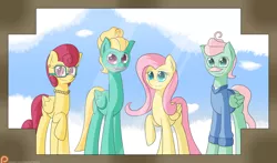 Size: 3400x2000 | Tagged: artist:mechanized515, derpibooru import, family photo, flutter brutter, fluttershy, gentle breeze, patreon, patreon logo, posey shy, safe, shys, the shy family, zephyr breeze