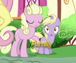 Size: 363x300 | Tagged: safe, derpibooru import, screencap, dinky hooves, fluttershy, millie, pony, flutter brutter, animated, butt touch, discovery family logo, hoof on butt, peeved, pushing, rump push