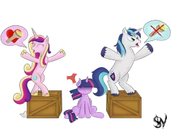 Size: 3301x2551 | Tagged: safe, artist:silentwings159, derpibooru import, princess cadance, shining armor, twilight sparkle, twilight sparkle (alicorn), alicorn, pony, bipedal, craft, cross-popping veins, female, flashlight (object), flashlight with a flashlight, heart, hidden eyes, hooves out, implied flashlight, implied shipping, implied straight, literal soapbox, male, overprotective, overprotective armor, papercraft, princess of love, princess of shipping, shadowed face, shining the anti-shipper, shipper on deck, shipping approved, shipping denied, shipping war, soapbox, straight