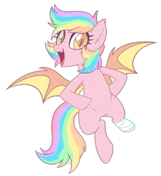 Size: 2200x2400 | Tagged: safe, artist:centchi, artist:hawthornss, derpibooru import, oc, oc:paper stars, unofficial characters only, bat pony, pony, amputee, collaboration, cute, female, looking at you, rainbow hair, simple background, smiling, solo, sparkles, transparent background