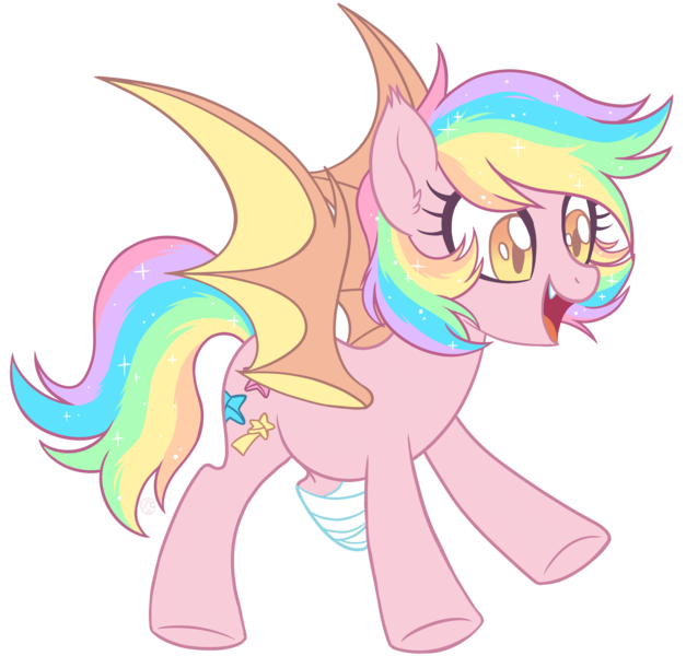 Size: 2300x2200 | Tagged: safe, artist:centchi, artist:hawthornss, derpibooru import, oc, oc:paper stars, unofficial characters only, bat pony, pony, amputee, collaboration, cute, cute little fangs, fangs, female, rainbow hair, simple background, solo, transparent background, underhoof