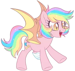 Size: 2300x2200 | Tagged: safe, artist:centchi, artist:hawthornss, derpibooru import, oc, oc:paper stars, unofficial characters only, bat pony, pony, amputee, collaboration, cute, cute little fangs, fangs, female, rainbow hair, simple background, solo, transparent background, underhoof