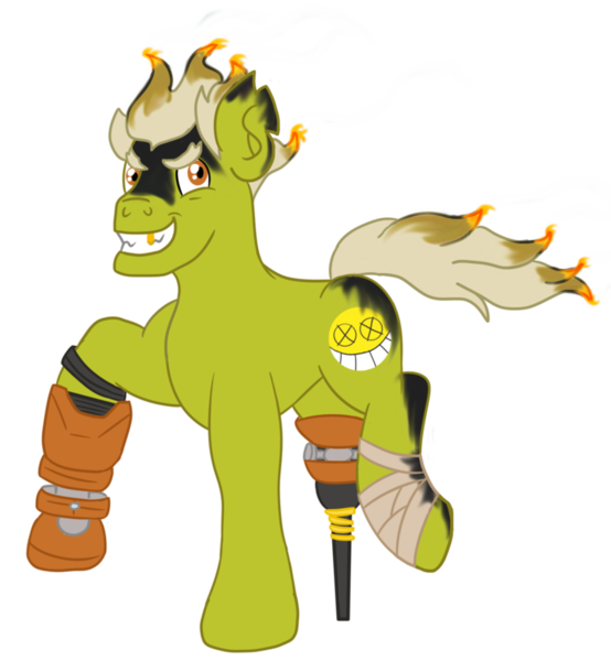 Size: 859x930 | Tagged: amputee, artist:mediponee, crossover, cyborg, derpibooru import, junkrat, overwatch, peg leg, ponified, prosthetic leg, prosthetic limb, prosthetics, safe, solo