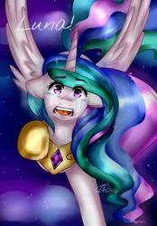 Size: 834x1200 | Tagged: artist:alliedrawsart, crying, derpibooru import, floppy ears, flying, looking at you, princess celestia, reaching, safe, solo