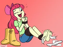 Size: 4000x3000 | Tagged: suggestive, artist:chaoskomori, derpibooru import, edit, editor:finalshard, apple bloom, equestria girls, barefoot, bloomsub, bondage, boots, colored sketch, feather, feet, female, femsub, image, jpeg, open mouth, simple background, solo, submissive, tickle torture, tickling