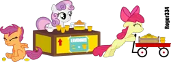 Size: 3094x1121 | Tagged: apple bloom, artist:roger334, cutie mark crusaders, derpibooru import, inkscape, juice, lemonade, lemonade stand, ponyscape, safe, scootaloo, simple background, sweetie belle, transparent background, vector, wagon