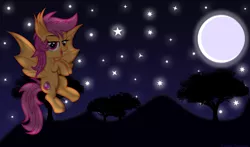 Size: 5679x3346 | Tagged: safe, artist:8-notes, derpibooru import, scootaloo, bat pony, pony, bat ponified, female, filly, floating, flying, full moon, looking at you, night sky, open mouth, ponyscape, race swap, scootabat, scootaloo can fly, solo, stars, the cmc's cutie marks, vector
