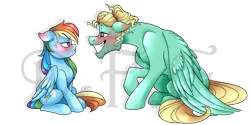 Size: 2400x1200 | Tagged: safe, artist:dragonfoxgirl, derpibooru import, rainbow dash, zephyr breeze, pony, flutter brutter, annoyed, blushing, chest fluff, cute, female, floppy ears, looking at each other, male, mare, shipping, simple background, sitting, smiling, stallion, straight, transparent background, tsunderainbow, tsundere, watermark, zephdash