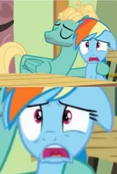 Size: 933x1391 | Tagged: safe, derpibooru import, screencap, rainbow dash, zephyr breeze, pony, flutter brutter, female, floppy ears, forced shipping, male, meme, rainbow dash is best facemaker, uncomfortable