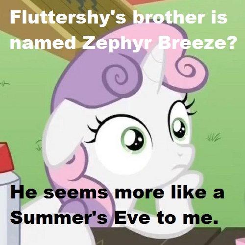 Size: 500x500 | Tagged: caption, derpibooru import, douchebag, edit, edited screencap, exploitable meme, flutter brutter, image macro, meme, obligatory pony, questionable, screencap, solo, sudden clarity sweetie belle, sweetie belle, zephyr breeze, zinger