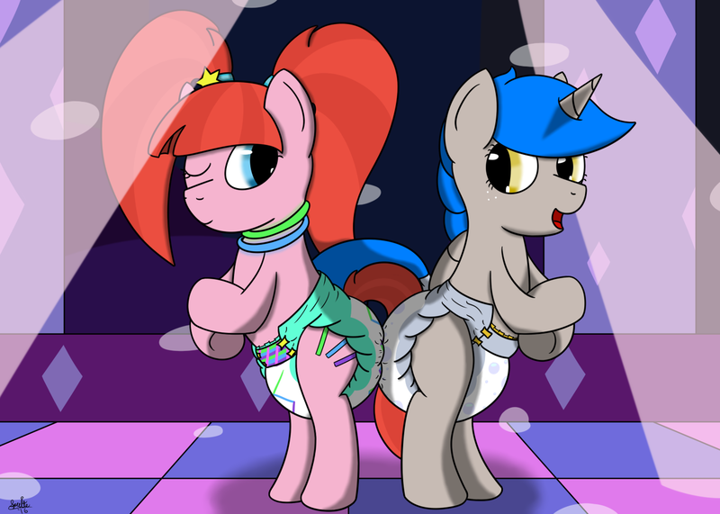 Size: 1400x1000 | Tagged: questionable, artist:spritepony, derpibooru import, pacific glow, oc, oc:sprite, alicorn, earth pony, pony, abdl, adult foal, alicorn oc, dancing, diaper, diaper fetish, poofy diaper, rave, rave diaper